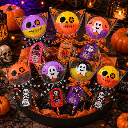 Unisex 24-Pack 2026 Upgraded Light-Up Giant Halloween Lollipop Stationery Kit with Cards, Halloween Party Favors for Kids, Classroom Exchange Gifts