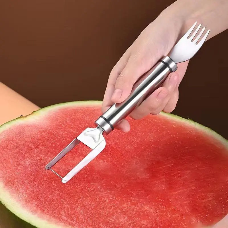 2-in-1 Stainless Steel Watermelon Fork Slicer Cutter – Cut, Cube & Eat in One Tool | 2pcs Set | Portable for Camping, Picnics & Home Use