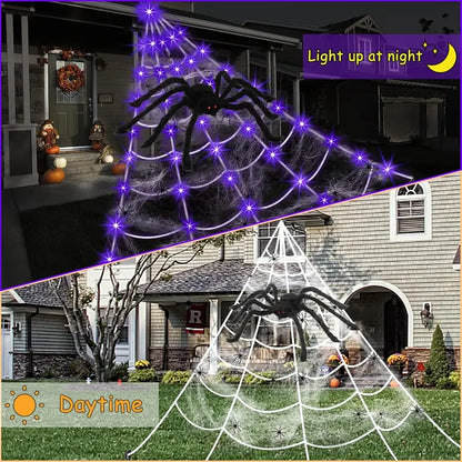 Spider Web Halloween Decorations Outdoor Lights, 125 Purple LED 16.4Ft Giant Spiderweb
