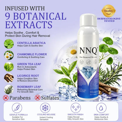 NNQ Gentle Spray-On Hair Removal Solution - Fast-Acting Depilatory Mousse, 10-Second Rapid Full Coverage, Painless Skin-Friendly Body Care, Water-Based, For Arms/Legs/Underarms