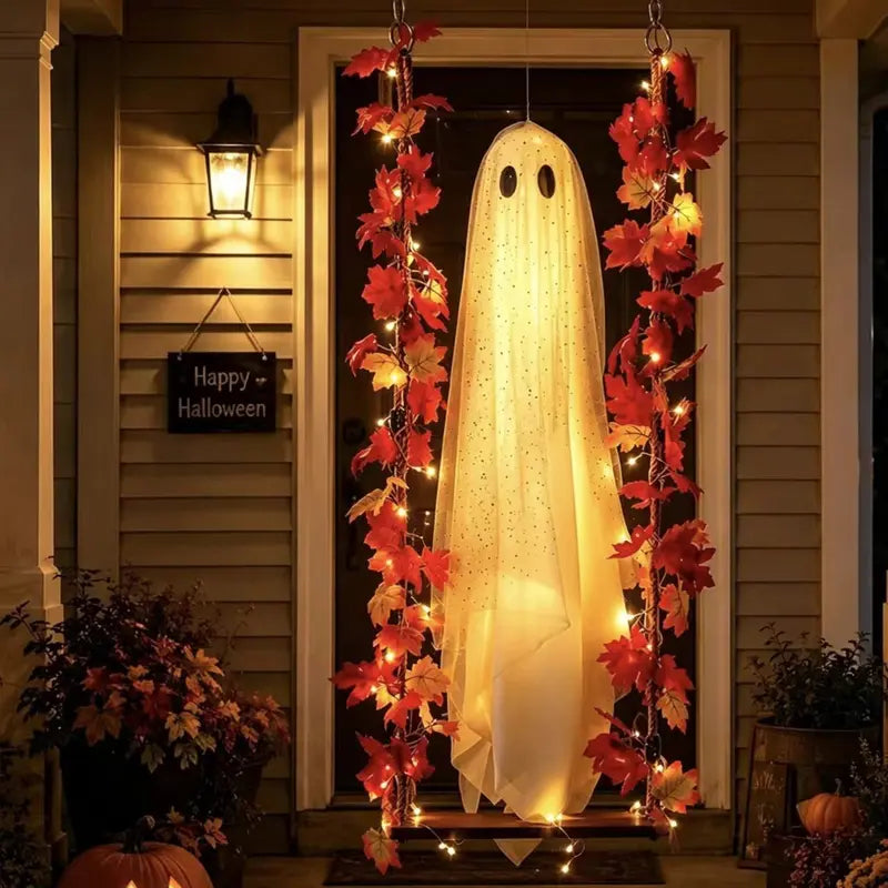 5 Feet Large Hanging Swing Spooky Ghost Halloween Decoration with LED String Lights