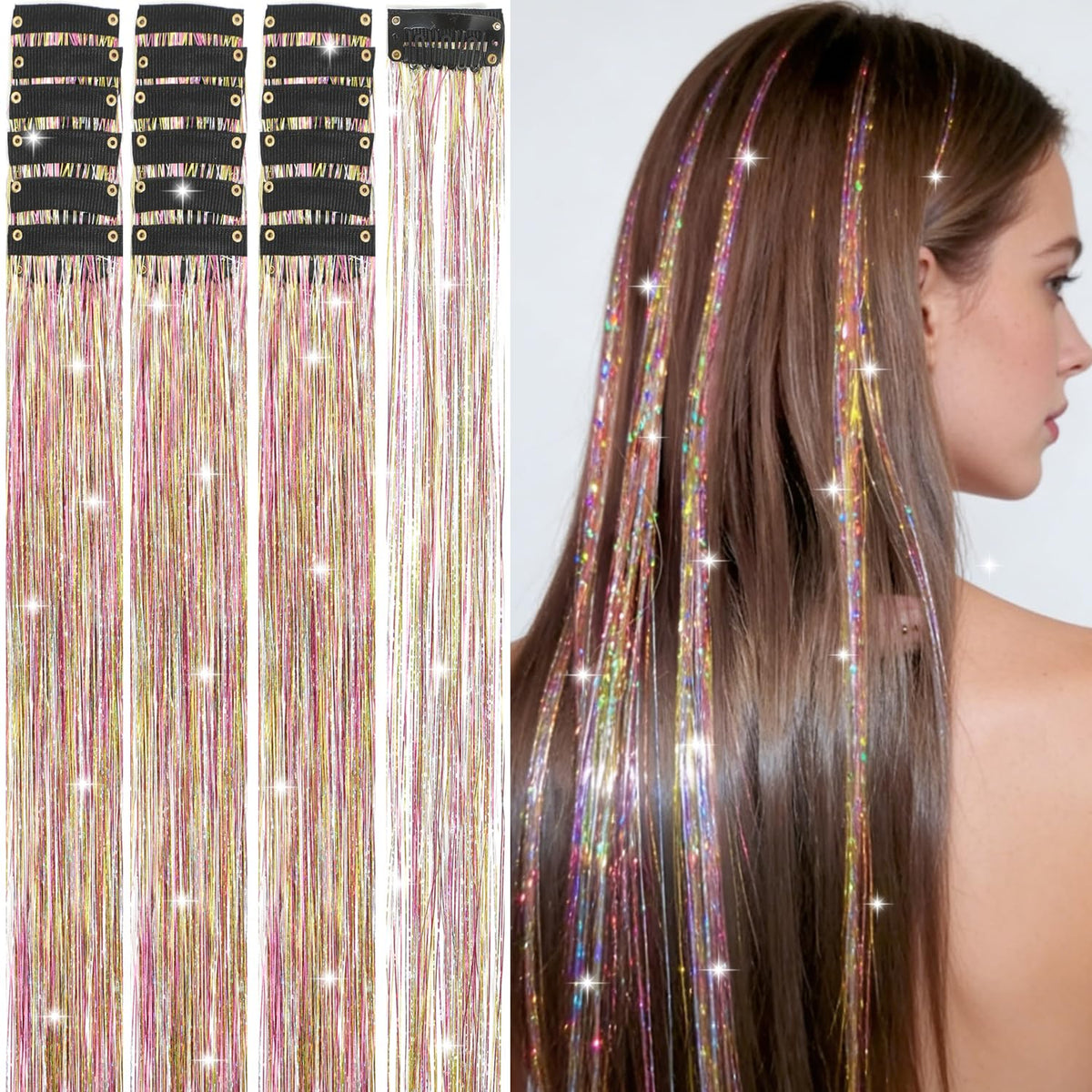 Hair Tinsel Kit 18 Pcs - Clip-In Fuller Sparkle, Heat Resistant Glitter Hair Extensions, Fairy Silver Hair Accessories for Women & Girls