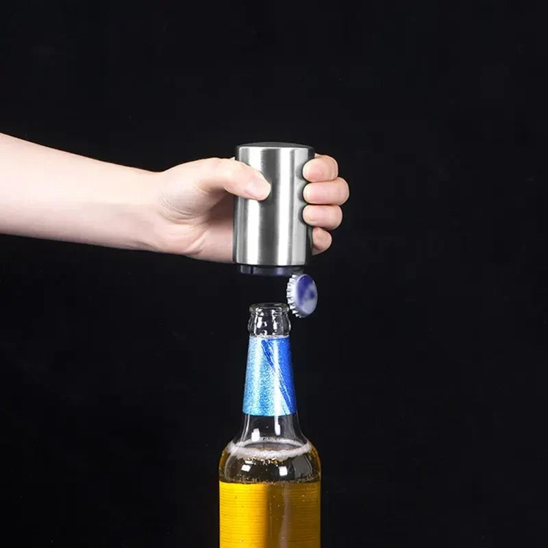 Automatic Push-Down Bottle Opener — Stainless Steel Beer Cap Remover for Home, Camping & Travel