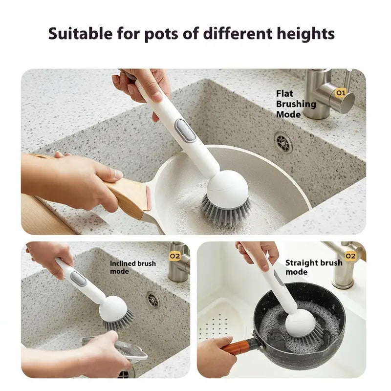 6-in-1 Rotating Dish Brush with Soap Dispenser — Adjustable Angle, Wall Mount, 360° Scrub for Pots, Pans & Dishes