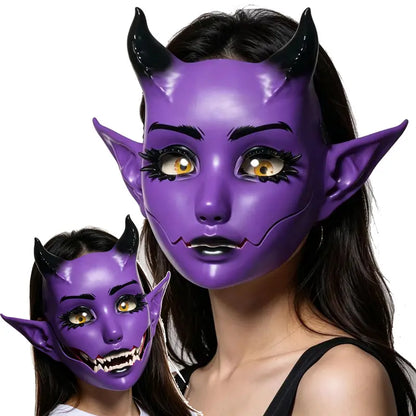 3D Moving Mouth Demon Full-Face Mask, Horned Elf Halloween Cosplay Mask