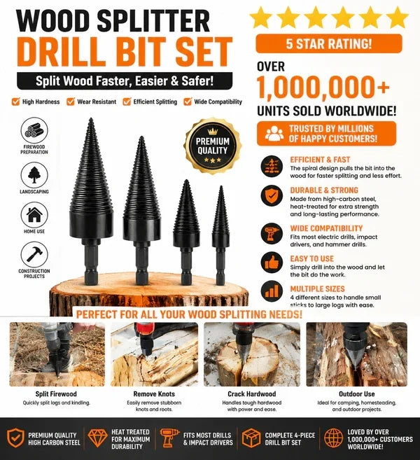 Firewood Splitter Drill Bit Set – Heavy-Duty High Carbon Steel Wood Splitting Cone, 4-Piece Set | Round + Square + Hex Shank | Fits Impact Drill, Electric Hammer & Hand Drill