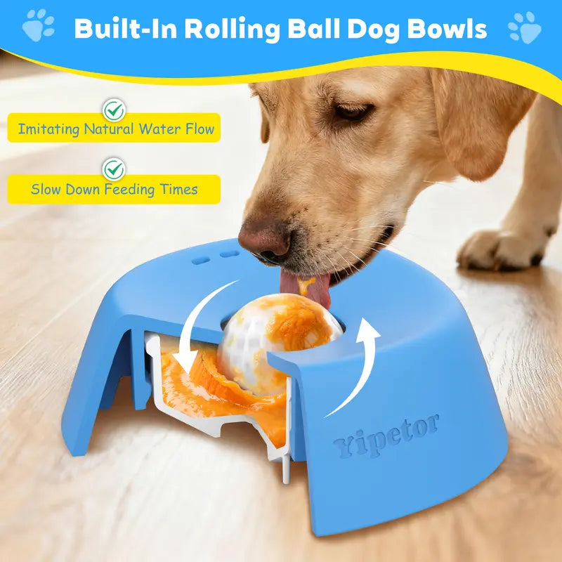 Yipetor Slow Feeder Dog Bowl – Built-In Rolling Ball, No-Spill Liquid Treat & Bone Broth Lick Bowl | All Breeds