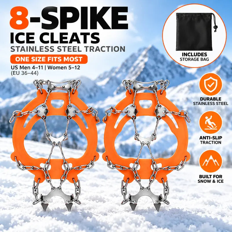 Ice Cleats for Shoes & Boots, 8-Spike Stainless Steel Traction Grips for Snow & Ice