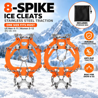 Ice Cleats for Shoes & Boots, 8-Spike Stainless Steel Traction Grips for Snow & Ice