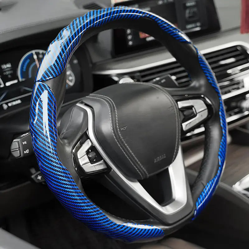 Carbon Fibre Steering Wheel Cover – Anti-Slip & Waterproof, 3D Embossed Card Structure, Universal O-Type & D-Type Fit | Black Red Blue  Four-Season Car Interior Accessory