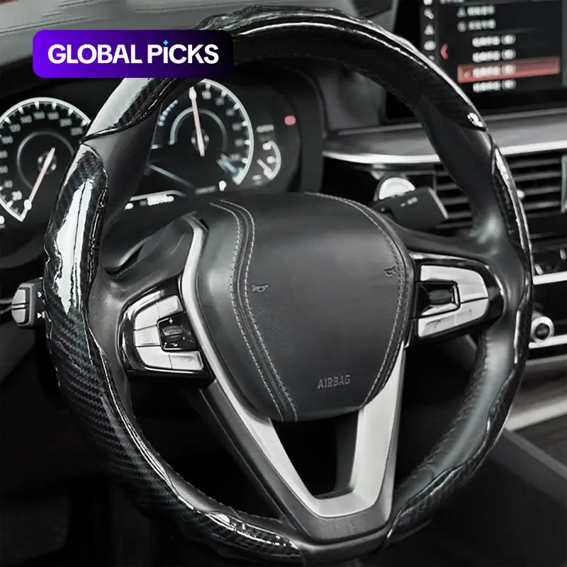 Carbon Fibre Steering Wheel Cover – Anti-Slip & Waterproof, 3D Embossed Card Structure, Universal O-Type & D-Type Fit | Black Red Blue  Four-Season Car Interior Accessory