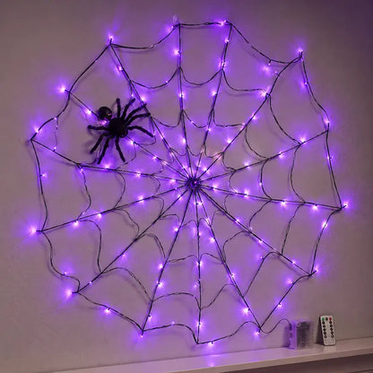 Spooky Purple LED Spider Web Lights Set, 1.2M 70 LED with 30CM Plush Spider & Remote Control
