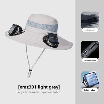 Solar Fan Hat — Wide Brim Fishing & Hiking Sun Hat with Dual Fans, USB Charging & Water-Repellent Fabric