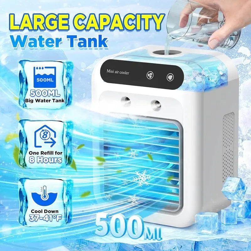 500ml large capacity water tank — one refill for 8 hours, cools down 37-41°F, hand pouring water into top of mini air cooler