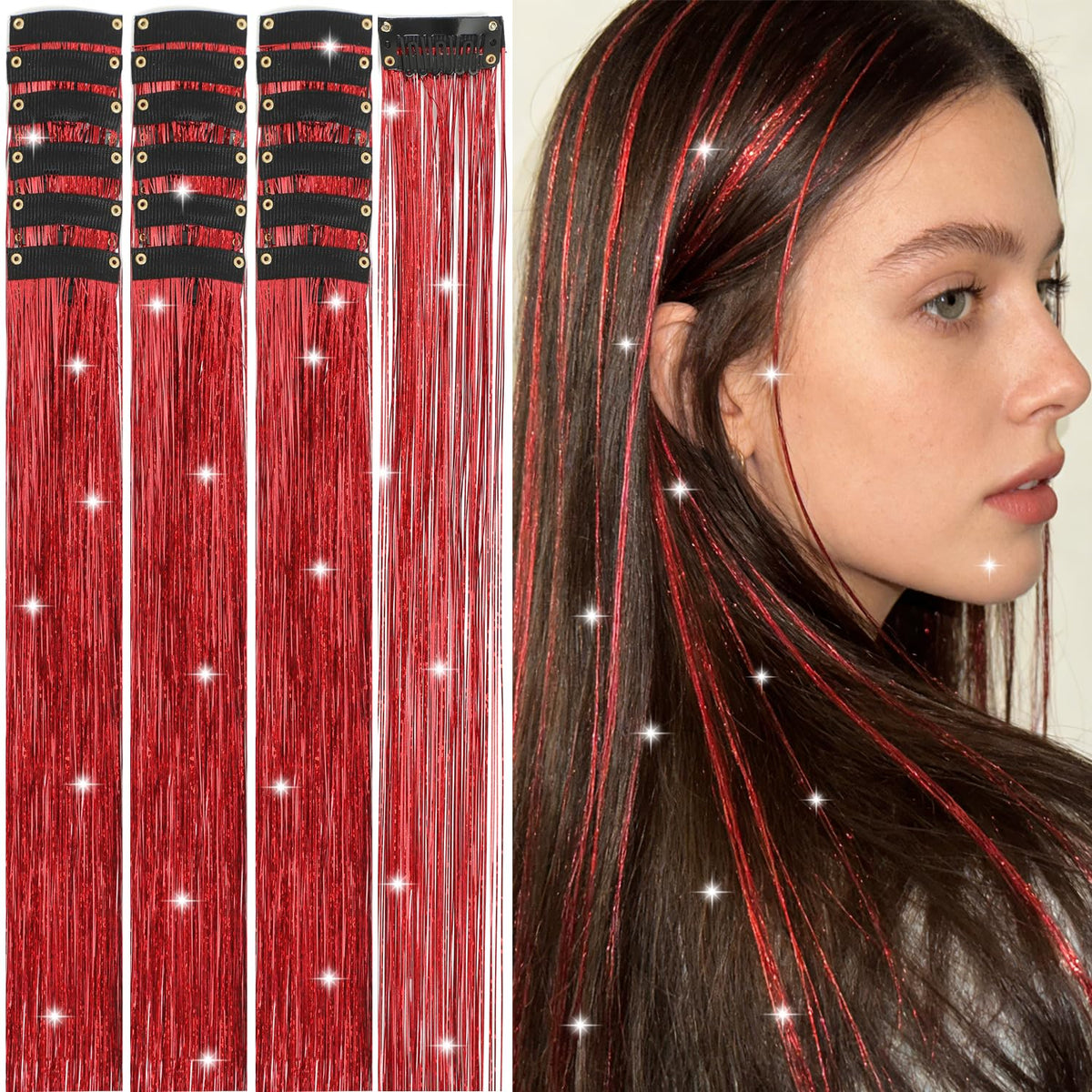 Hair Tinsel Kit 18 Pcs - Clip-In Fuller Sparkle, Heat Resistant Glitter Hair Extensions, Fairy Silver Hair Accessories for Women & Girls