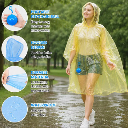 Hooded Disposable Rain Poncho with Keychain Ball - Waterproof Portable Raincoat for Outdoor & Travel
