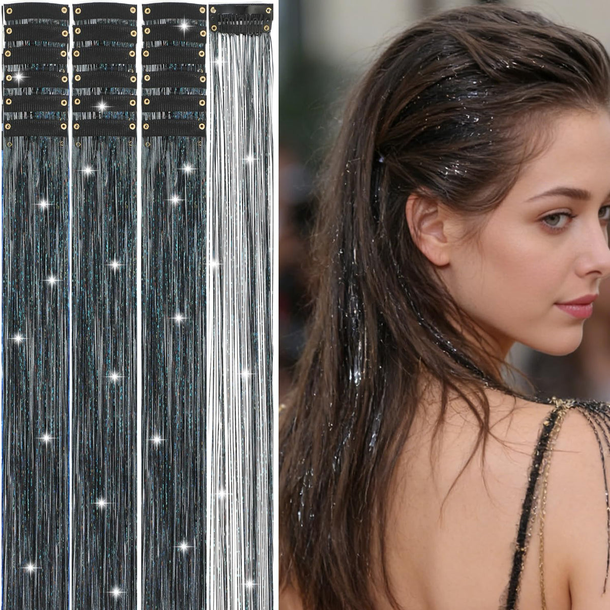 Hair Tinsel Kit 18 Pcs - Clip-In Fuller Sparkle, Heat Resistant Glitter Hair Extensions, Fairy Silver Hair Accessories for Women & Girls