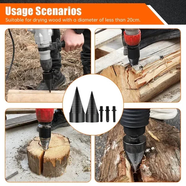Firewood Splitter Drill Bit Set – Heavy-Duty High Carbon Steel Wood Splitting Cone, 4-Piece Set | Round + Square + Hex Shank | Fits Impact Drill, Electric Hammer & Hand Drill