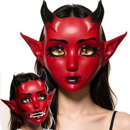 3D Moving Mouth Demon Full-Face Mask, Horned Elf Halloween Cosplay Mask