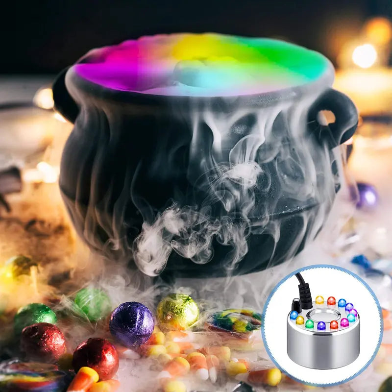 Halloween Ultrasonic Mini Mist Maker with 12 LED Lights - Alloy Humidifier Atomizer for Smoking Cauldron Witch Pot Party Decor