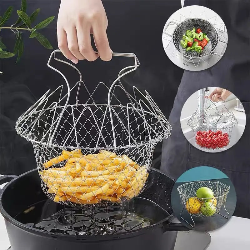 Stainless Steel Deep Fry Basket - Foldable Oil-Draining Strainer for French Fries & Chicken Nuggets