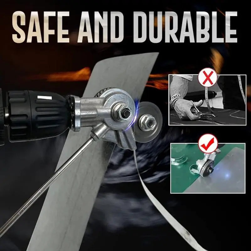 Drill nibbler cutting metal with bright sparks — safe nibbler use (checkmark) vs dangerous tin snips hand position (X)