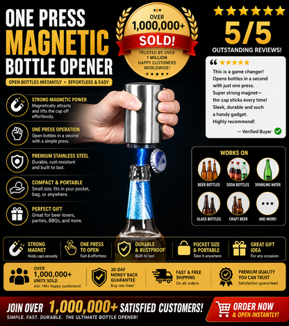 Automatic Push-Down Bottle Opener — Stainless Steel Beer Cap Remover for Home, Camping & Travel