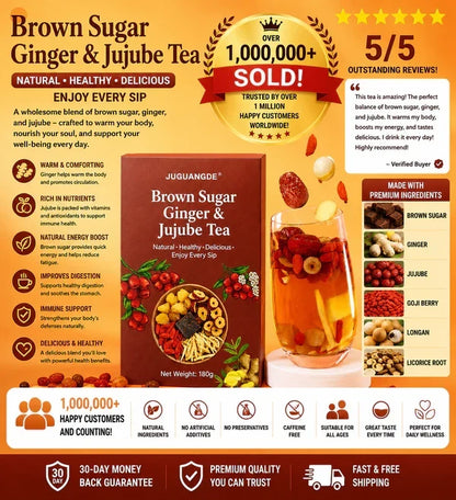 Juguangde Brown Sugar Ginger & Jujube Tea – Natural Healthy Delicious, No Boiling Needed, 5 Premium Ingredients| Caffeine-Free