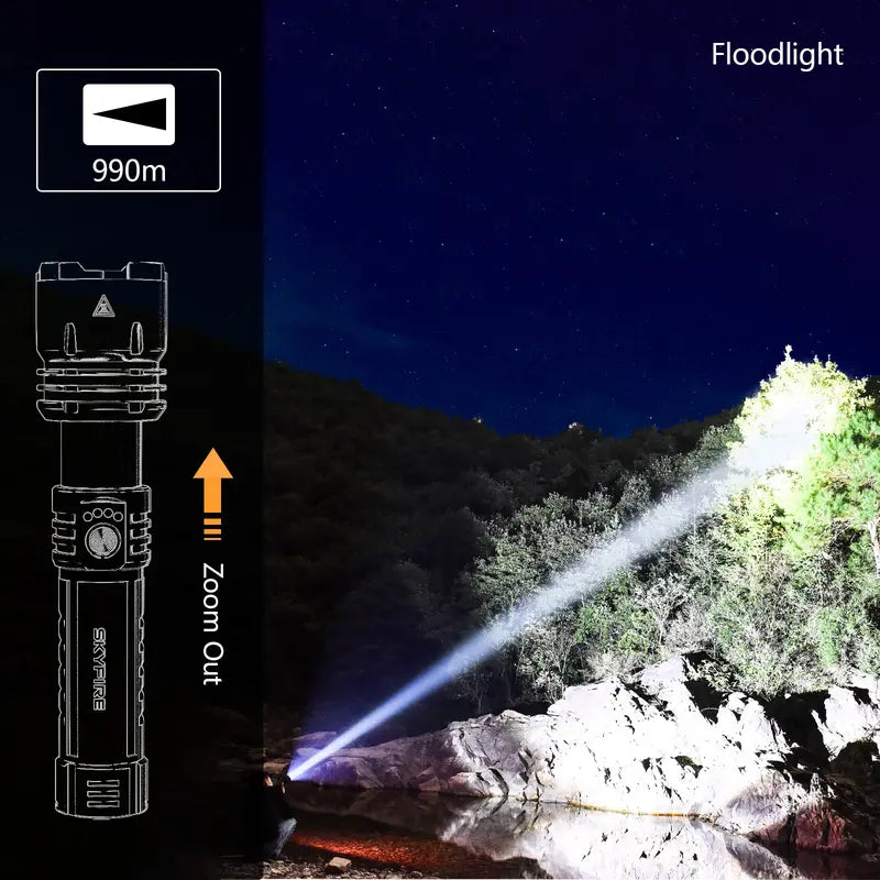 SKYFIRE 1376 Rechargeable LED Tactical Flashlight - 1500 Lumens, Zoomable, 5 Modes, Waterproof