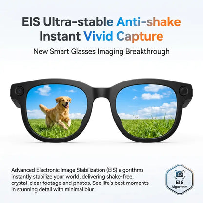 EIS ultra-stable anti-shake instant vivid capture — golden retriever running in field seen through smart glasses lenses, EIS algorithm imaging breakthrough