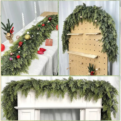 6 FT 2 Pcs Artificial Cedar Garlands, Real Touch Winter Cedar Garland, Green Artificial Greenery Pine Garland for Table, Mantle, Wall, Indoor, Outdoor Christmas Decorations