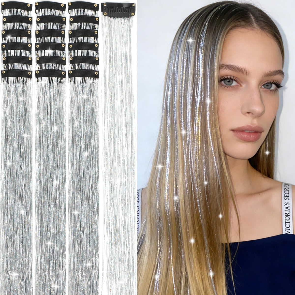 Hair Tinsel Kit 18 Pcs - Clip-In Fuller Sparkle, Heat Resistant Glitter Hair Extensions, Fairy Silver Hair Accessories for Women & Girls