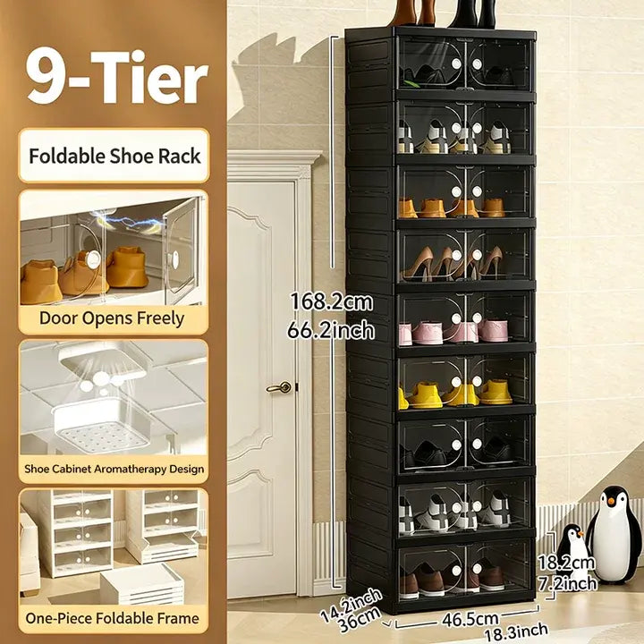 MiAoLi 10-Layer Folding Shoe Rack Organizer, Sturdy Plastic Cabinet with Transparent Door Snap & Quick Close, Stacks to Save Space, 20-Pair Capacity, No-Installation, Simple Indoor Furniture (Resists Daily Wear)