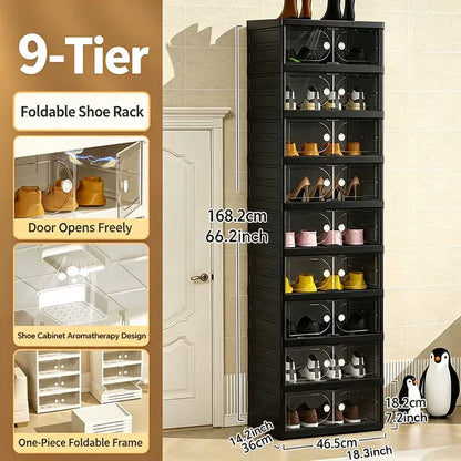 MiAoLi 10-Layer Folding Shoe Rack Organizer, Sturdy Plastic Cabinet with Transparent Door Snap & Quick Close, Stacks to Save Space, 20-Pair Capacity, No-Installation, Simple Indoor Furniture (Resists Daily Wear)