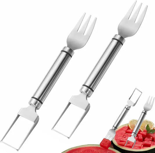 2-in-1 Stainless Steel Watermelon Fork Slicer Cutter – Cut, Cube & Eat in One Tool | 2pcs Set | Portable for Camping, Picnics & Home Use