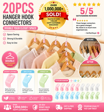 Hanger Hook Connectors 20PCS – Space-Saving, High Load-Bearing, Dual Hanging Options | Double Your Closet Space, Random Colors