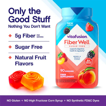 Vitafusion Fiber Well Sugar Free Fiber Gummies, Berry & Peach, 90 Count
