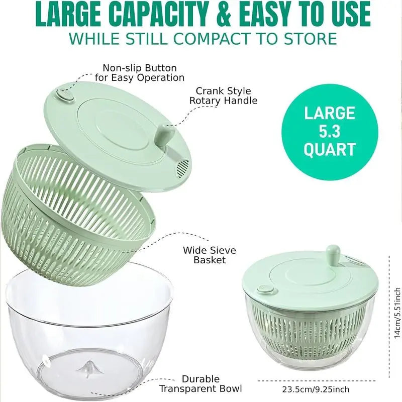 UFORU Large 3-in-1 Salad Spinner, Vegetable & Fruit Washing Bowl with Strainer, 5-Blade Slicer, 5.3 Qt