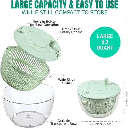 UFORU Large 3-in-1 Salad Spinner, Vegetable & Fruit Washing Bowl with Strainer, 5-Blade Slicer, 5.3 Qt