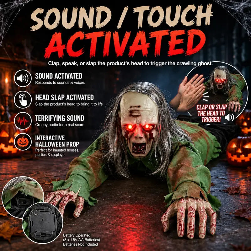 Halloween Crawling Mummy with Glowing Eyes, Spooky Terrifying Sound, Voice-Controlled, Electric Crawling, Perfect for Halloween Decorations