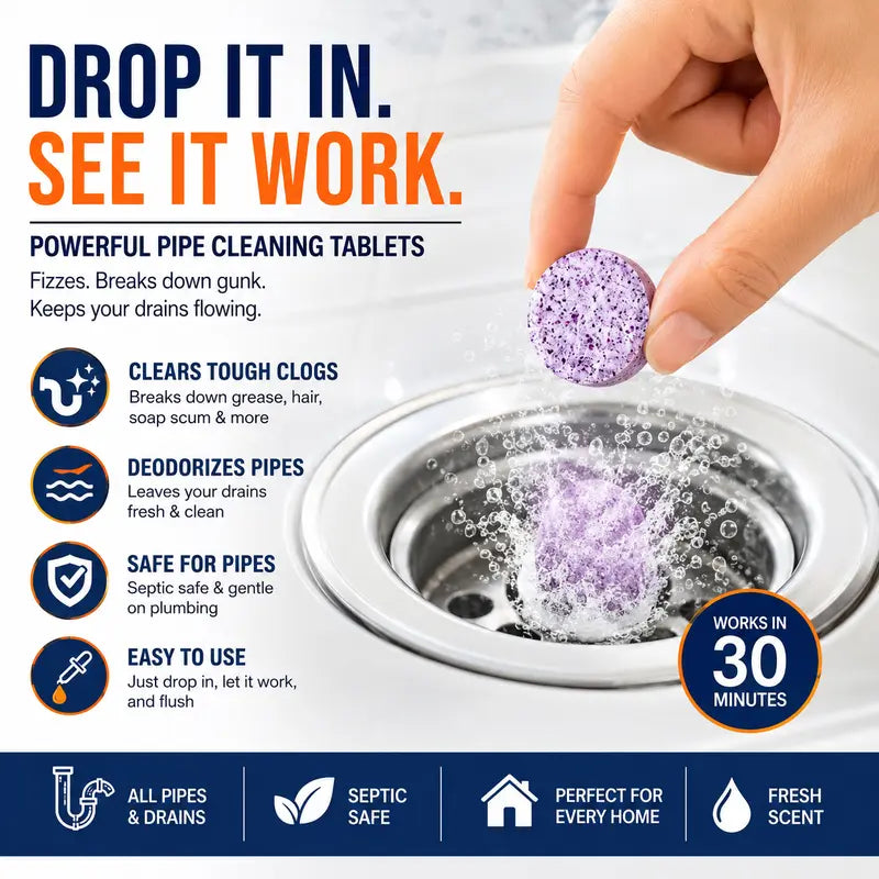 Pipe Cleaner Tablets — Drain Unclogger, Odor Eliminator & Descaler for Sinks, Toilets, Washing Machines & Sewers
