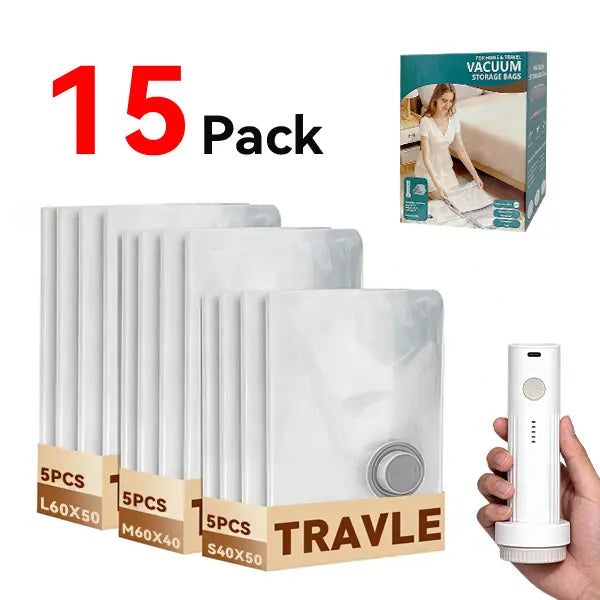 15-pack vacuum bags: 5 Large L60x50, 5 Medium M60x40, 5 Small S40x50 with wireless pump