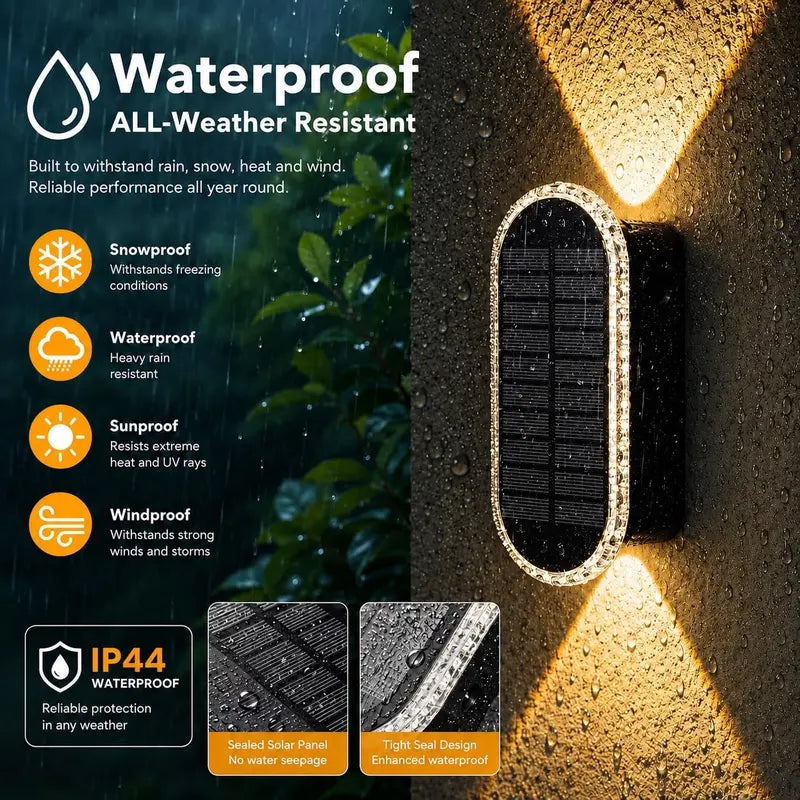 2-pack solar fence lights product shot showing front and side view with warm white diamond pattern on backyard fence