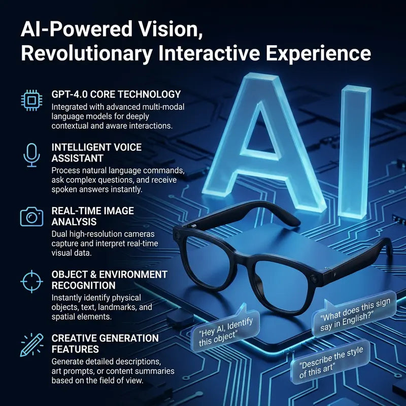 AI-powered vision infographic — GPT-4.0 core technology, intelligent voice assistant, real-time image analysis, object & environment recognition, creative generation features with smart glasses on circuit board background