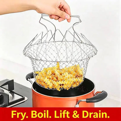 Stainless Steel Deep Fry Basket - Foldable Oil-Draining Strainer for French Fries & Chicken Nuggets