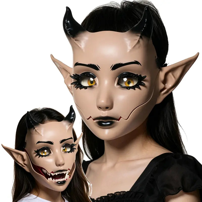 3D Moving Mouth Demon Full-Face Mask, Horned Elf Halloween Cosplay Mask