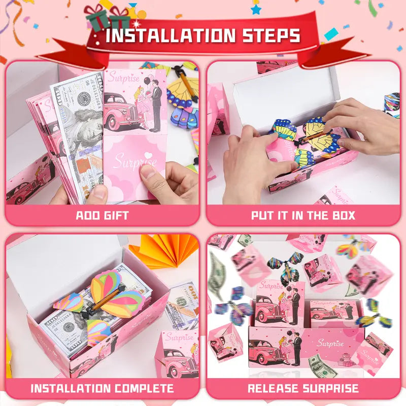 Birthday Surprise Gift Box – 20 Bounces Folding Cash Envelope with Flying Butterfly Toy