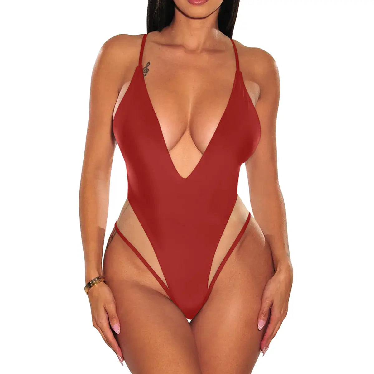 Aprilake Women's Spaghetti Strap Deep V Neck Backless Mesh Swimsuit