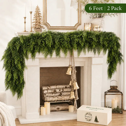 6 FT 2 Pcs Artificial Cedar Garlands, Real Touch Winter Cedar Garland, Green Artificial Greenery Pine Garland for Table, Mantle, Wall, Indoor, Outdoor Christmas Decorations