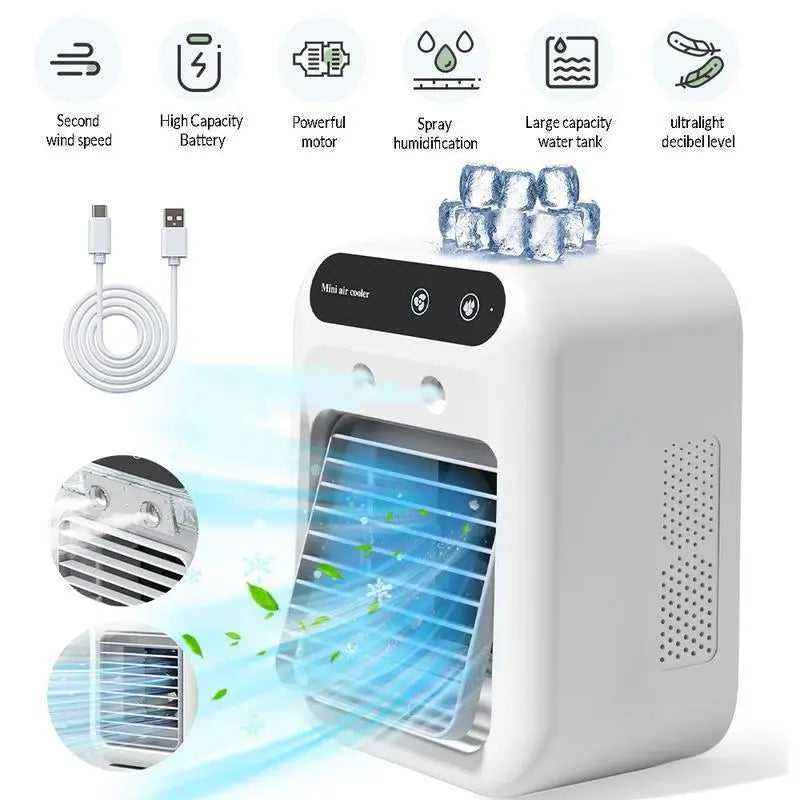 BougeRV portable air cooler product shot with USB-C cable and ice cubes on top — feature icons: 2 wind speeds, battery, motor, spray, water tank, ultralight noise